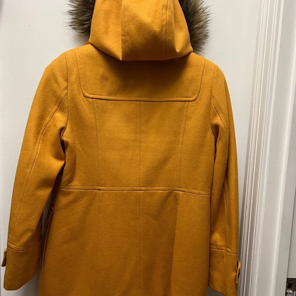 Calvin Klein mustard color wool blend hooded with fur pea coat toggle buttons - Picture 4 of 10